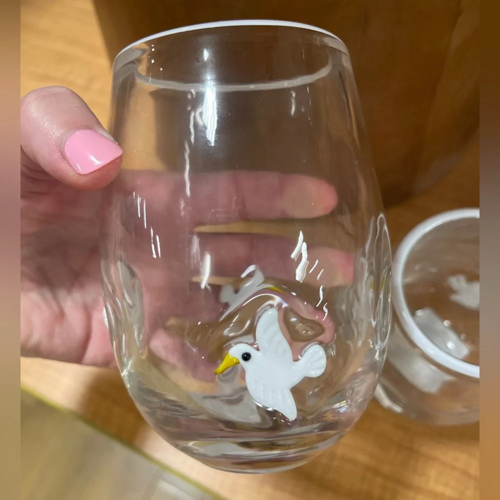 Seagull bird Lampwork Glass Embedded Stemless Wine Drinking Glasses set of 2 NWT